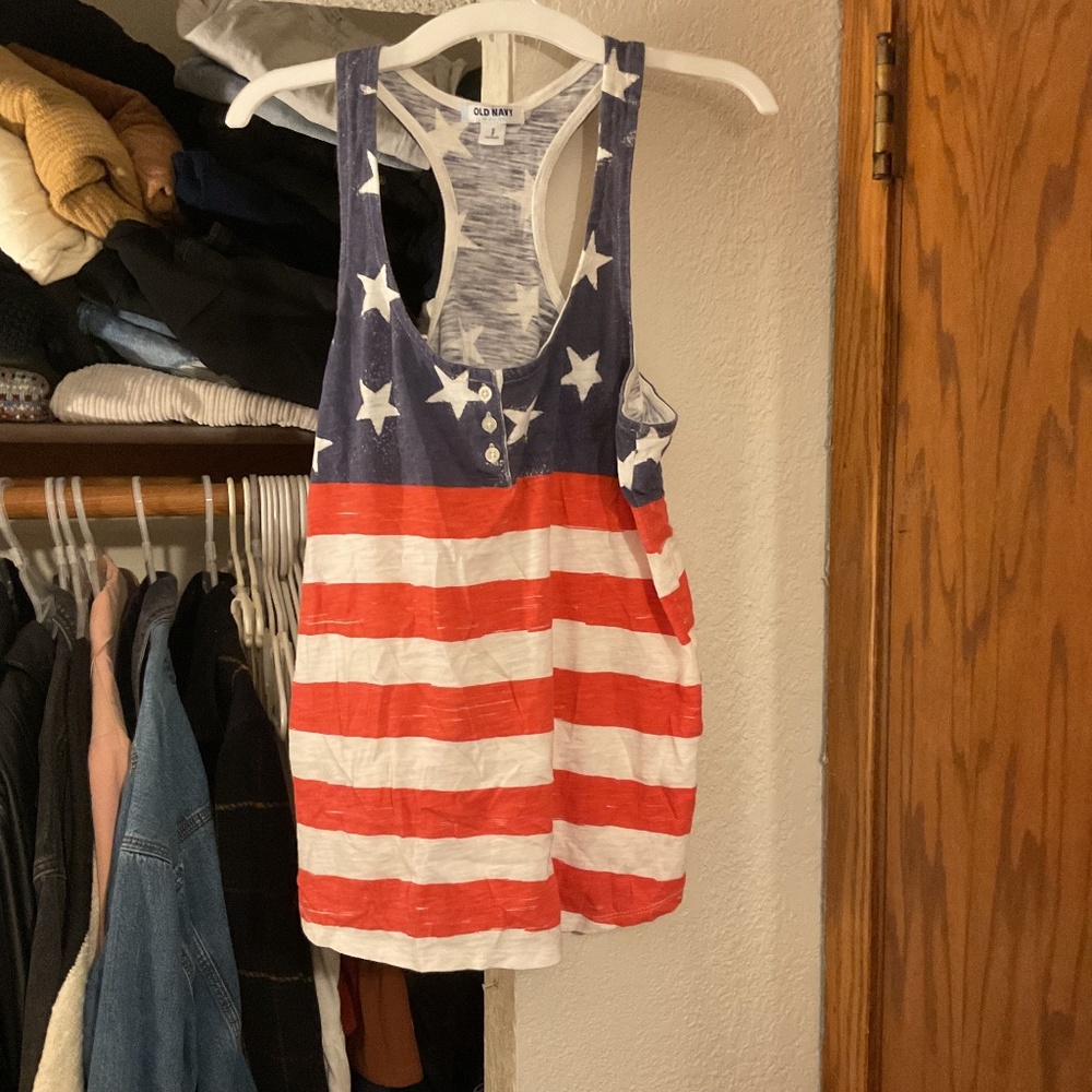 red white and blue flag racer back tank top
